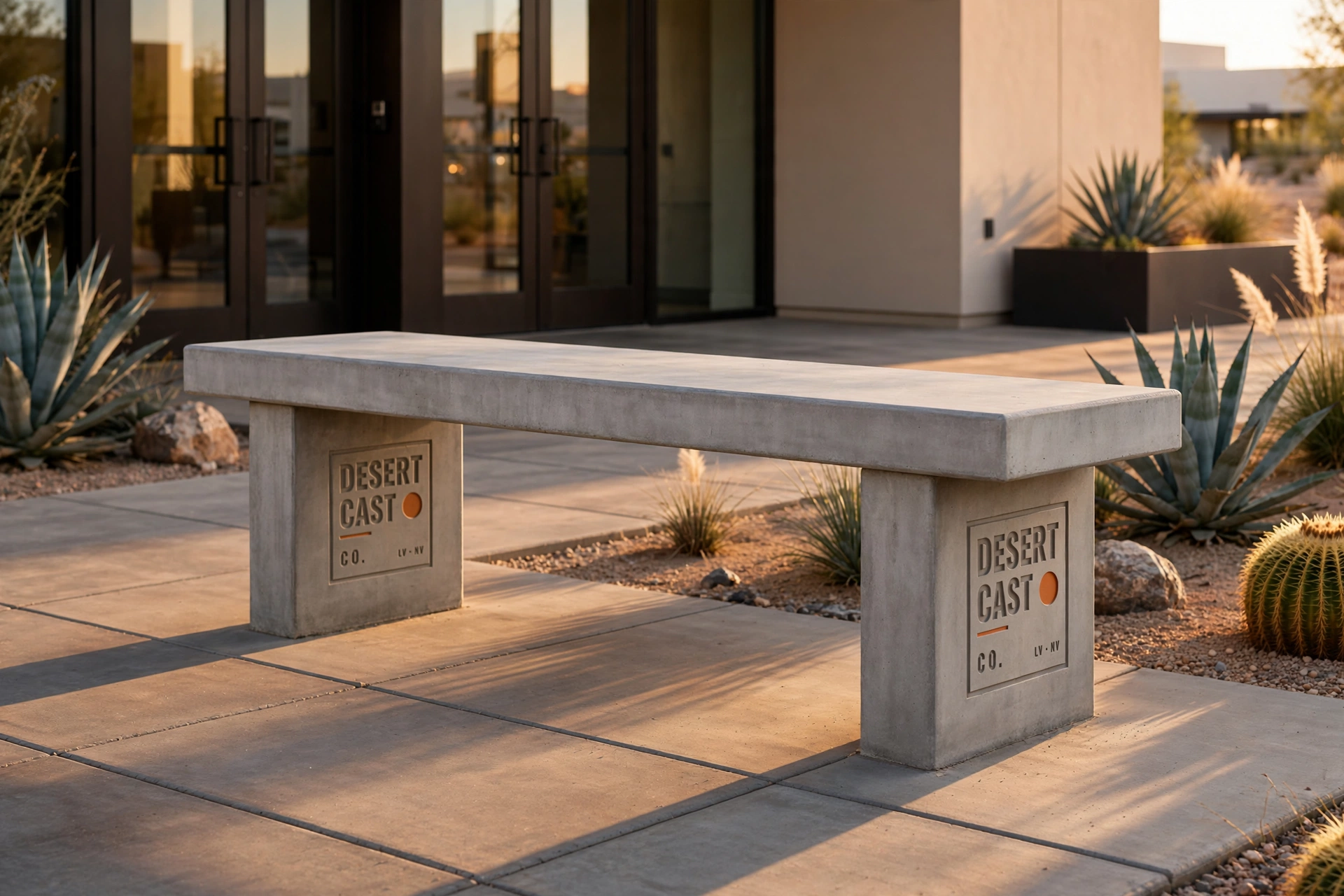 Custom concrete logo bench, cast by Desert Cast Co in Las Vegas